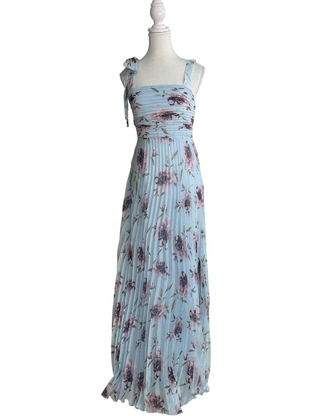 Lulus Gorgeous Purpose Floral Pleated Tie-Shoulder Maxi Dress Light Blue